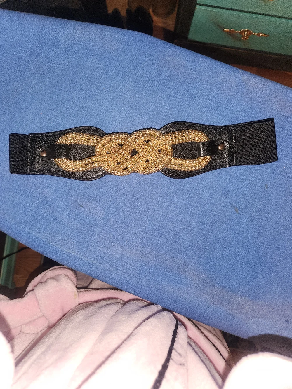 Black Elastic Waist Belt with Gold Braided Knot Accent
